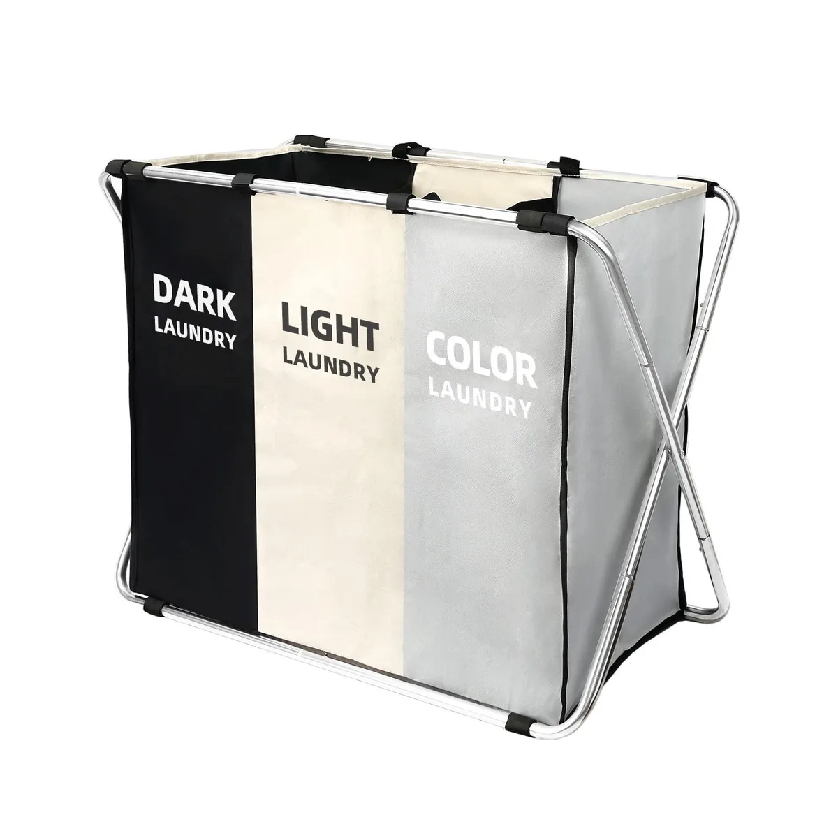 Tall freestanding laundry hamper in canvas-look fabric with carry handles, 28 by 21 by 15 inches