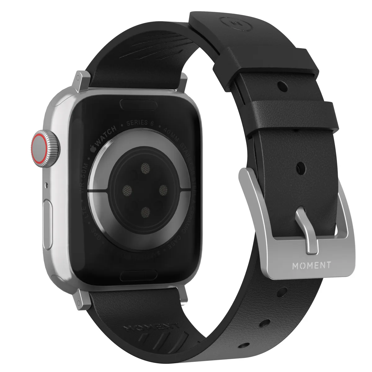 Black leather Apple Watch strap, thin tapered design, stainless steel buckle, fits 38/40/41mm