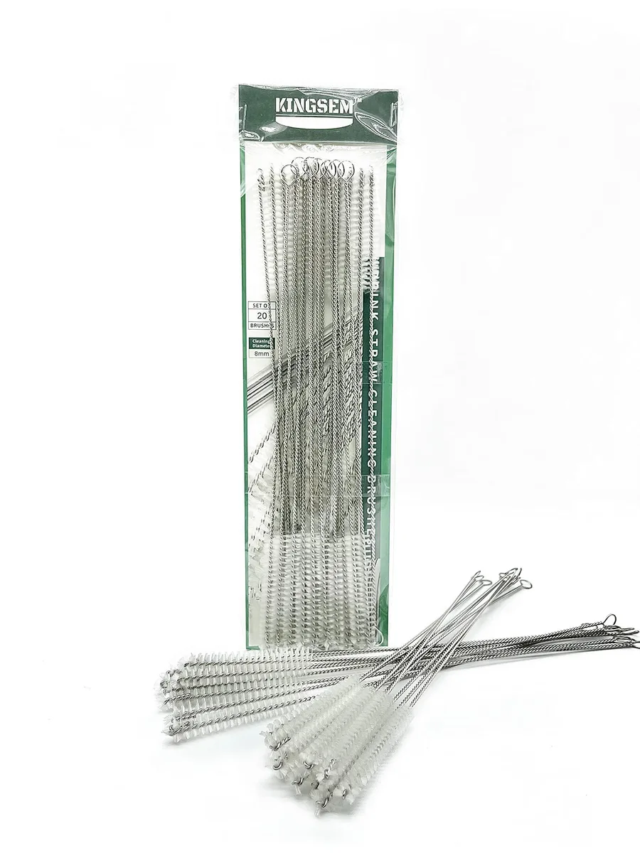 Set of 20 thin stainless steel straw brushes with nylon bristles