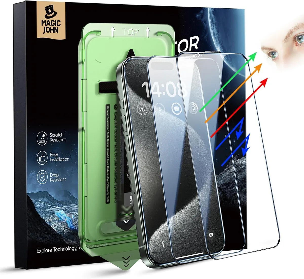 Two clear tempered glass screen protectors with alignment applicator for iPhone 15 Pro 6.1 inch display