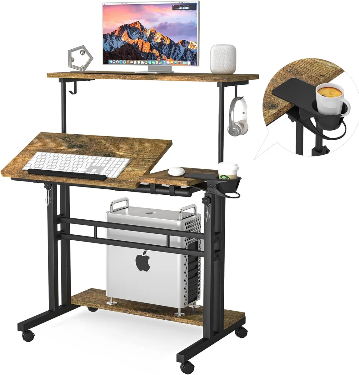 BFKK BFKK Mobile Standing Desk Brown 3 Desktops 26.9-46.8in — product photo