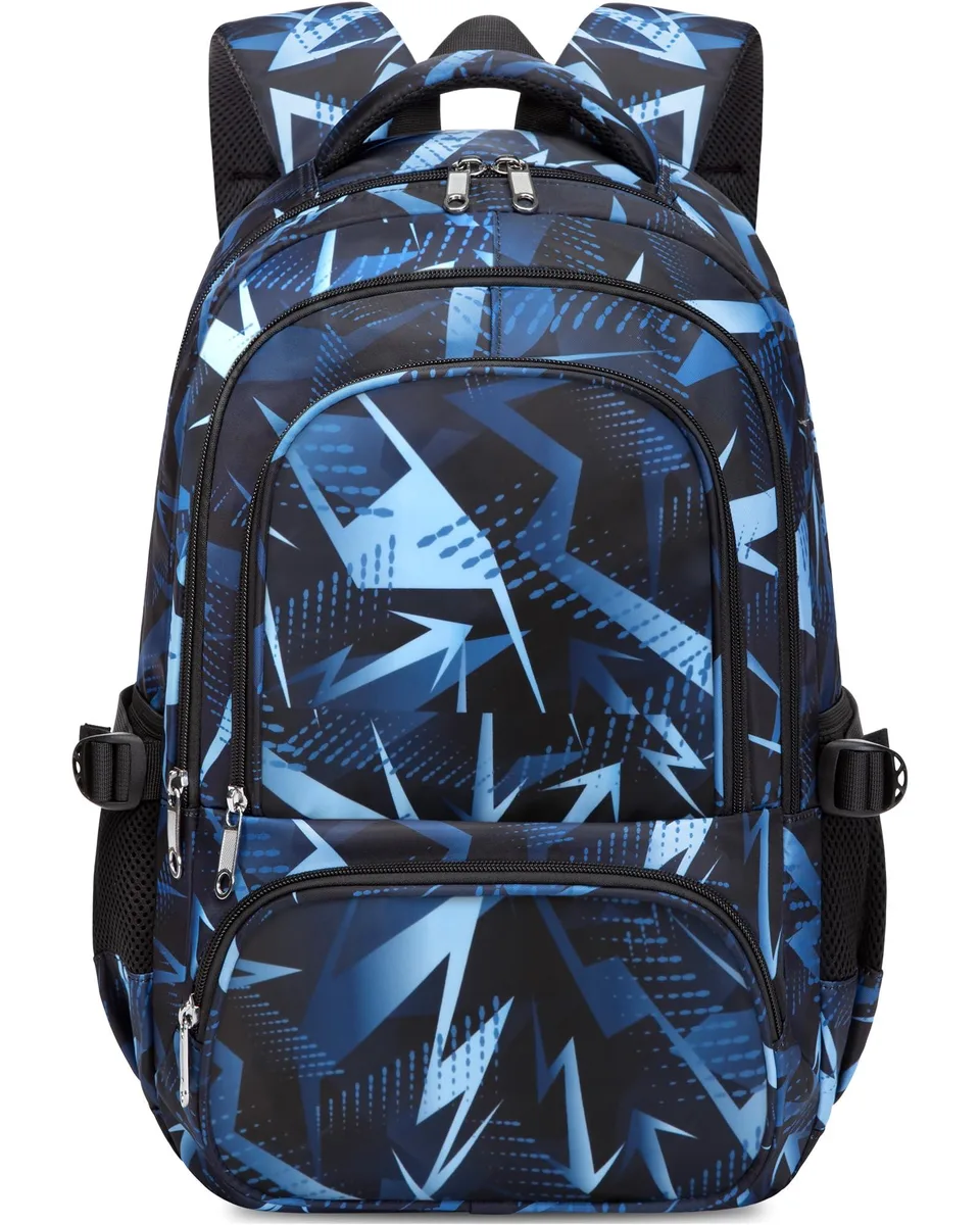 Blue geometric polyester backpack with laptop compartment and side pockets