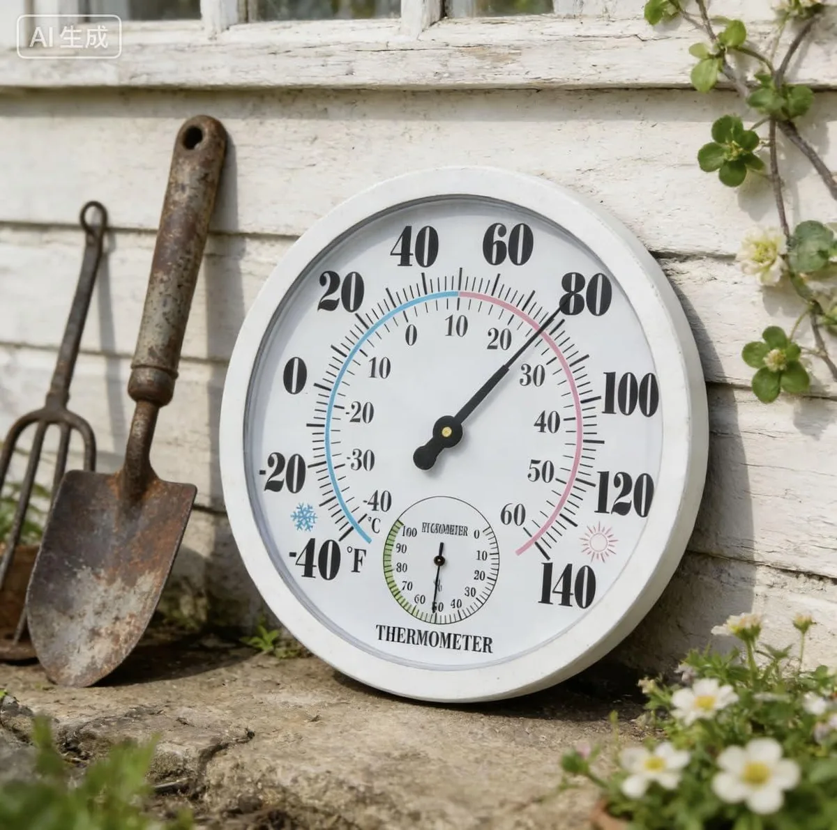 White 10 inch round thermometer hygrometer with black scale and pointer