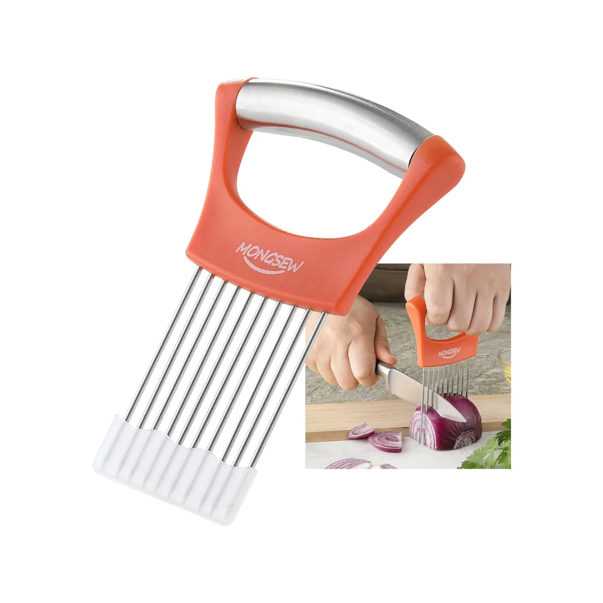Orange stainless steel onion slicer with protective cover, 5.5 inch square frame