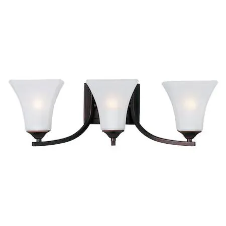 Three-light oil rubbed bronze vanity with frosted glass shades
