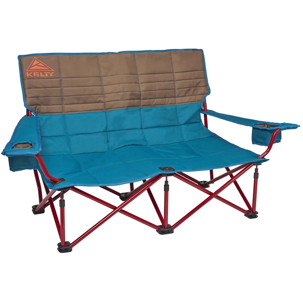 Low folding loveseat in Deep Lake blue polyester on a steel frame with two insulated cup holders, folds into a roll tote