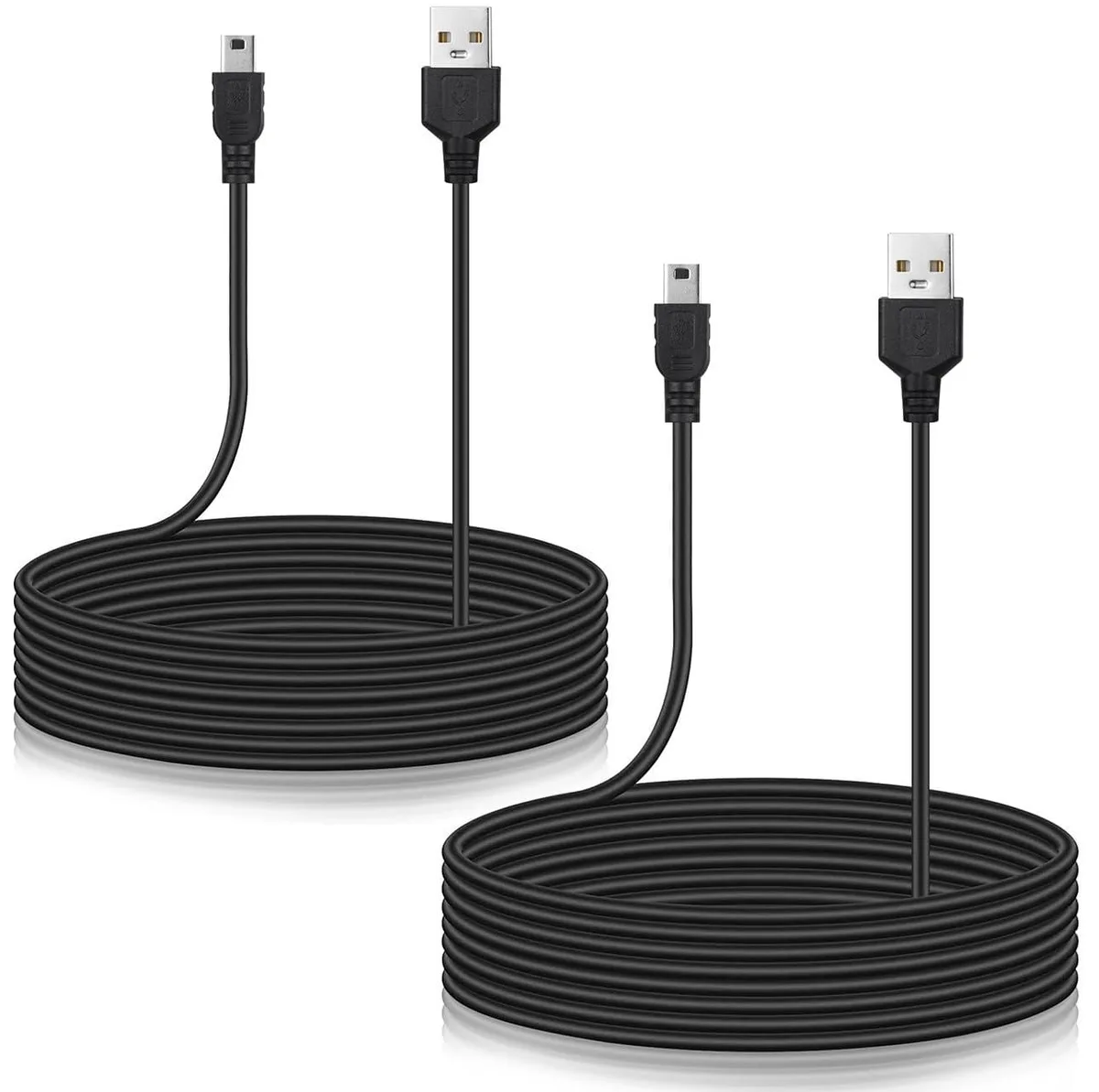 Two black 15 ft Mini USB 2.0 cables with male-to-male connectors
