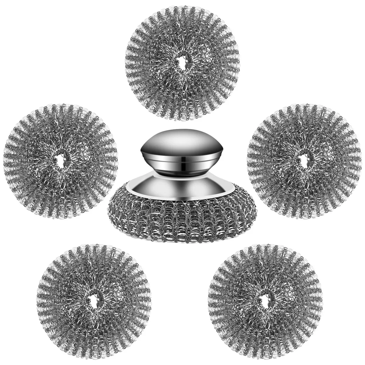 Six-piece stainless steel scrubber set with handle, silver finish