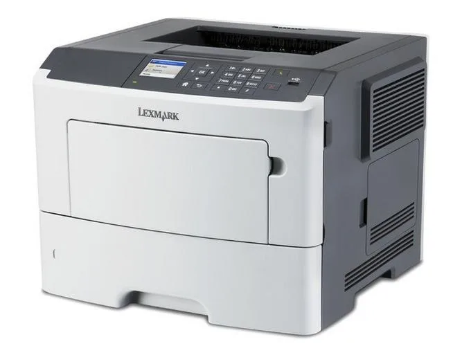 Rectangular grey office laser printer with front paper tray and control panel display
