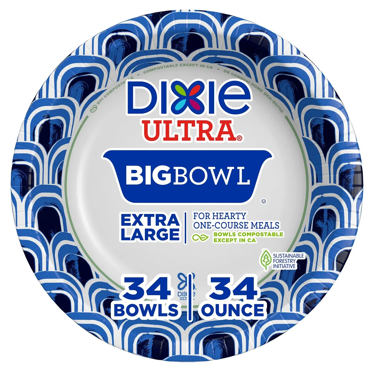 Stack of white round paper bowls 34 oz 34 count