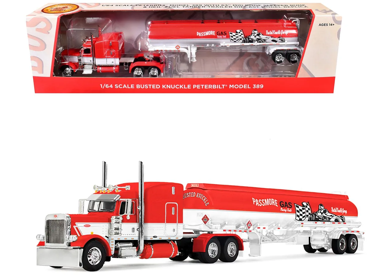 First Gear First Gear Peterbilt 389 63" Mid-Roof Sleeper Heil Tank Trailer Red White 1/64 Diecast Hobby Collectible — product photo