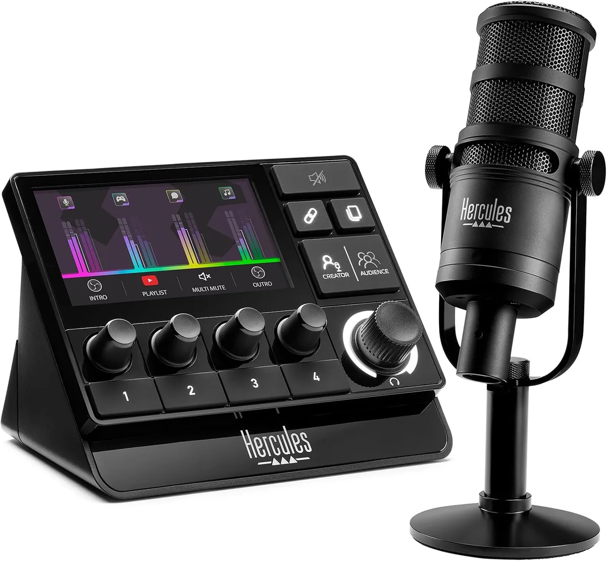 Hercules Hercules 4781070 Stream Essentials Kit audio mixer with Stream 200 and HXD-700 microphone — product photo