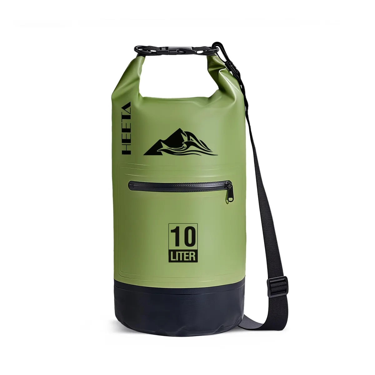 Green roll-top dry bag with front zip pocket and removable shoulder strap