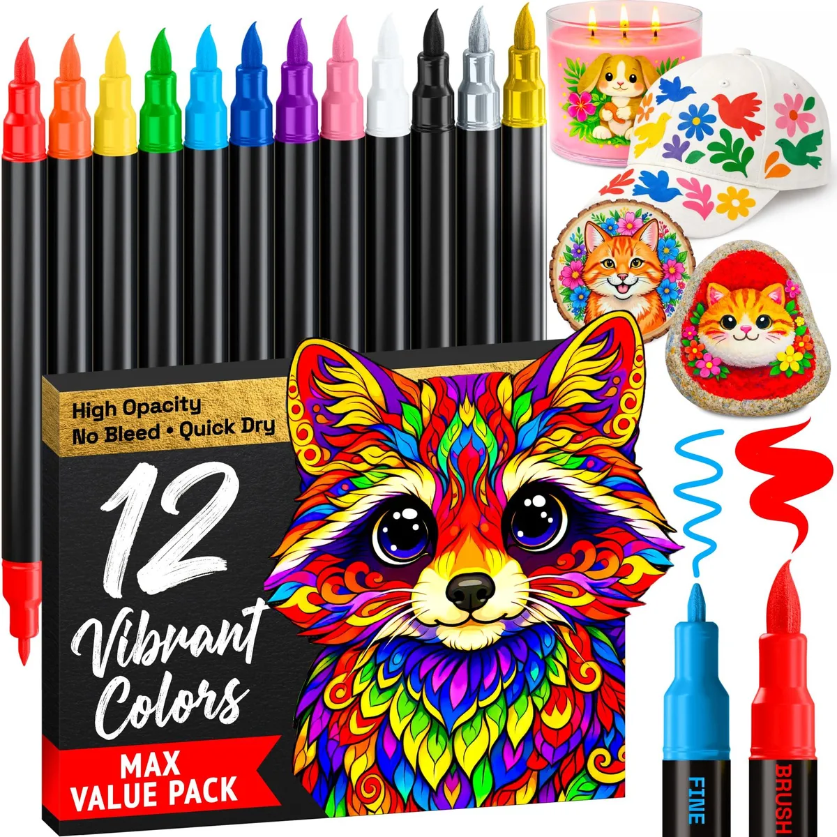 Twelve dual-tip acrylic paint markers with fine and brush tips, multicolor barrels