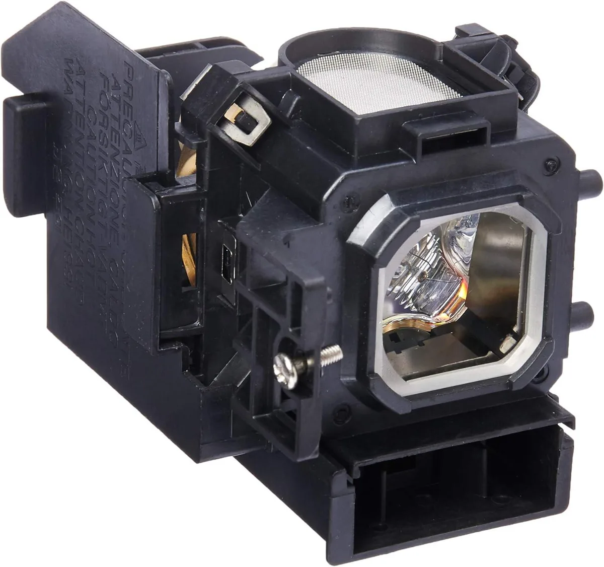 Square projector lamp module in black plastic housing with exposed glass bulb and metal connector pins