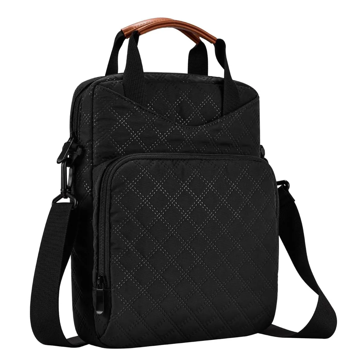 Black padded tablet sleeve with detachable shoulder strap and front pocket
