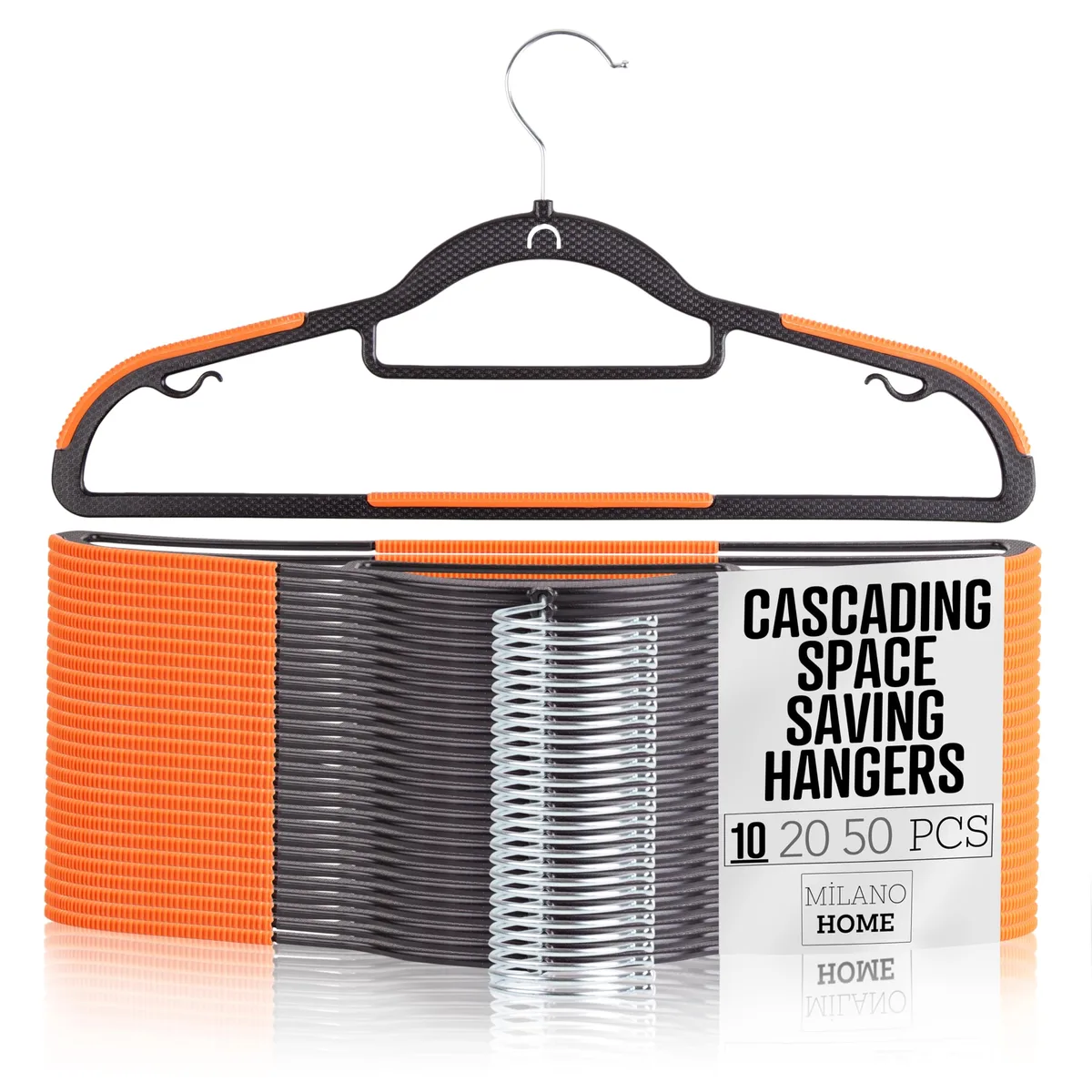 Black plastic hanger with 360° rotating hook and orange anti-slip strips