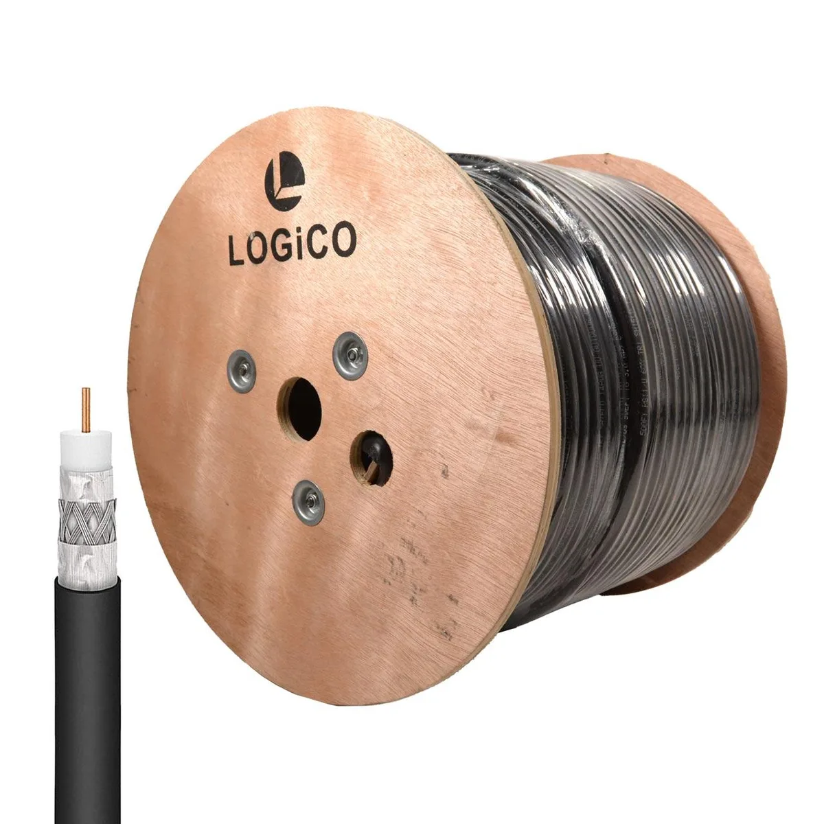 Logico Logico RG11DBT500 coaxial rf cable Tri Shield 14AWG 60% 75Ohm 3.0GHz 1000 ft Black — product photo