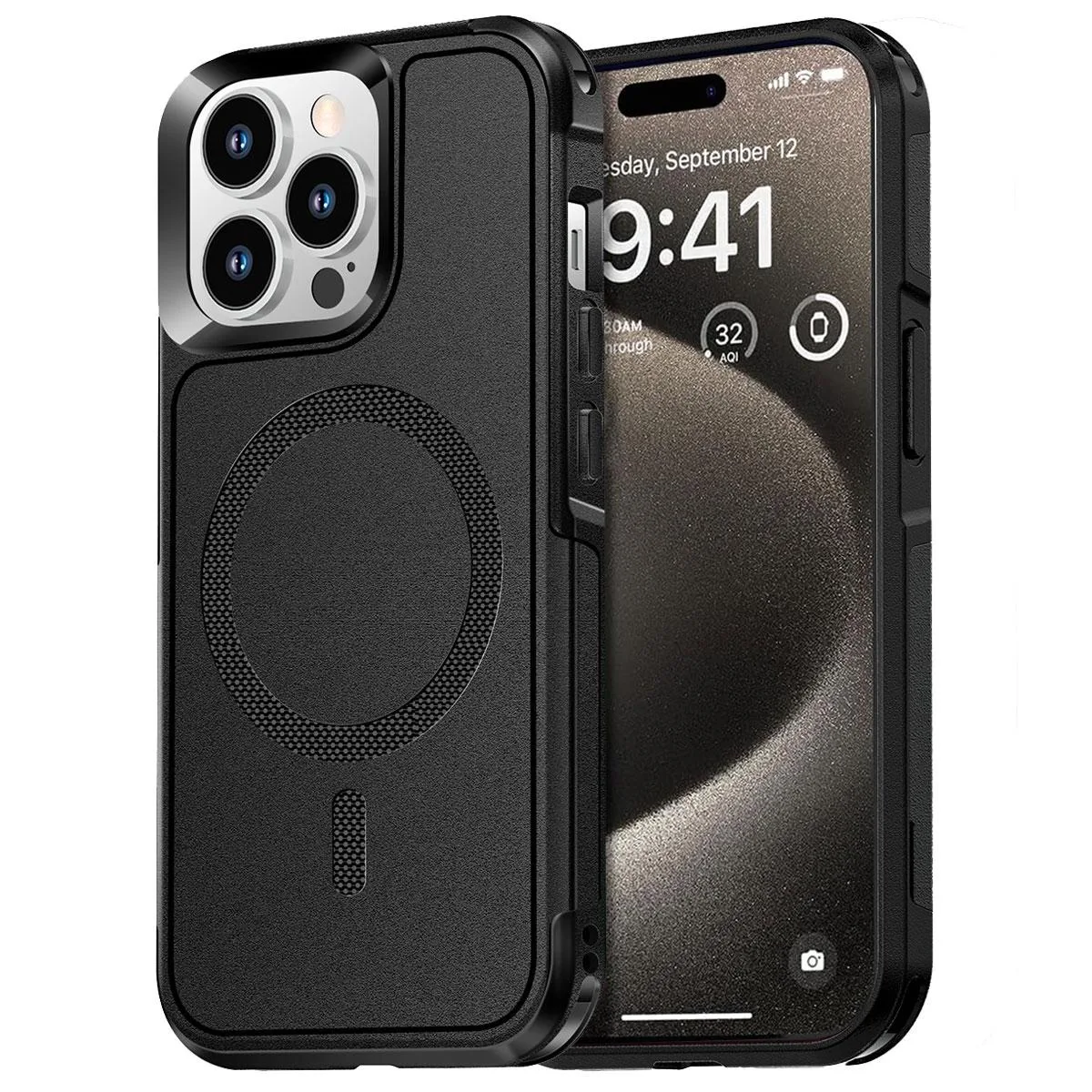 Black rugged dual-layer case for iPhone 15 Pro Max with MagSafe magnets
