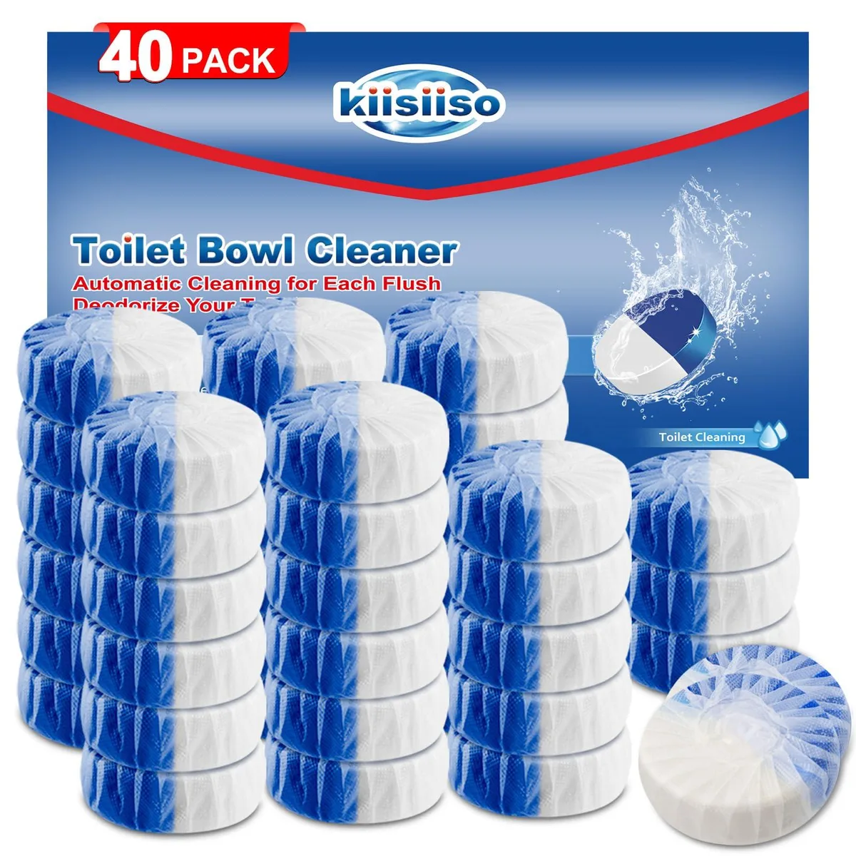 Rectangular blue box containing 40 toilet cleaner tablets