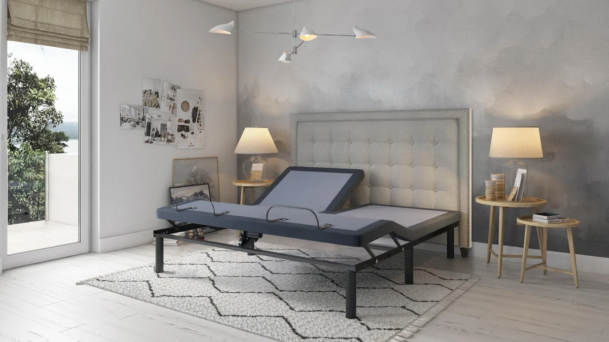 Split-top queen adjustable bed base in blue-grey steel finish