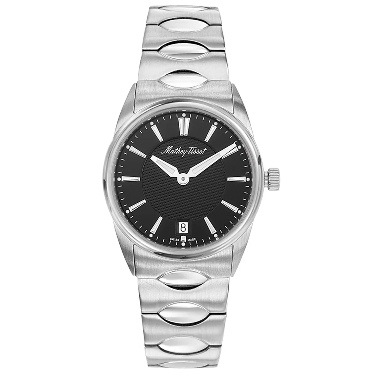 Stainless steel watch with black dial and metal bracelet