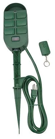 Green rectangular power stake with six covered outlets, remote control, and six-foot cord