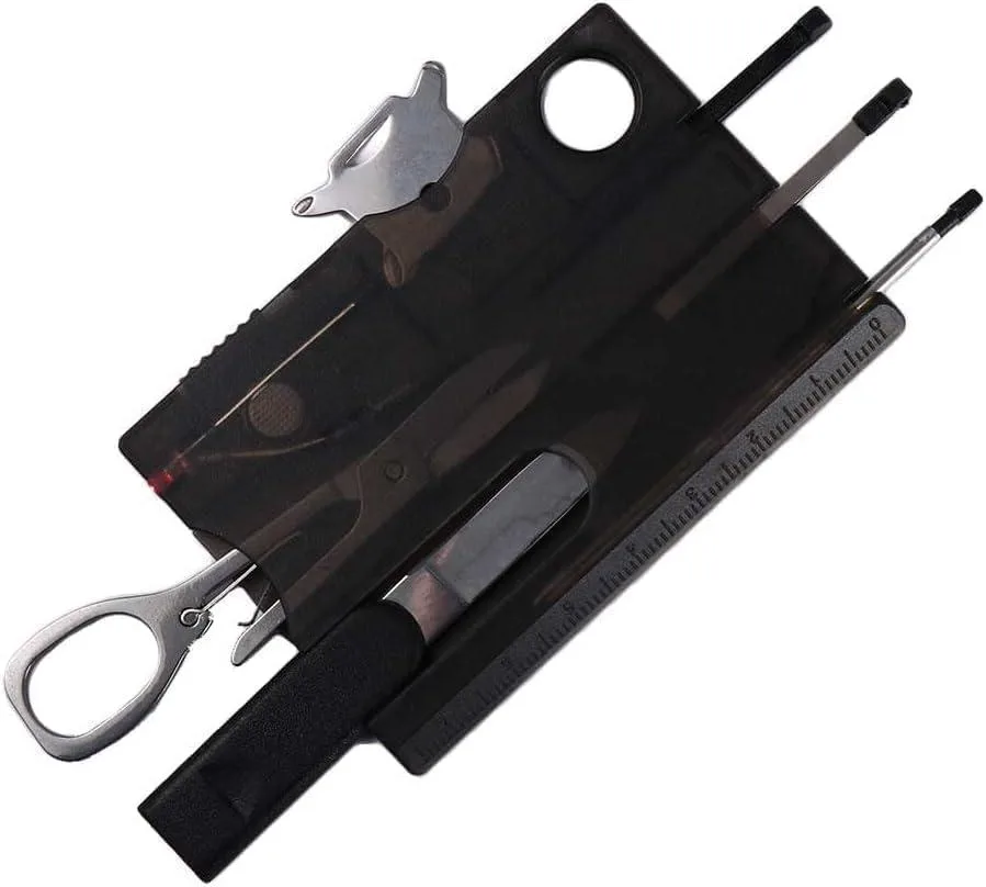 Black steel credit-card multitool with keychain hole and 12 functions