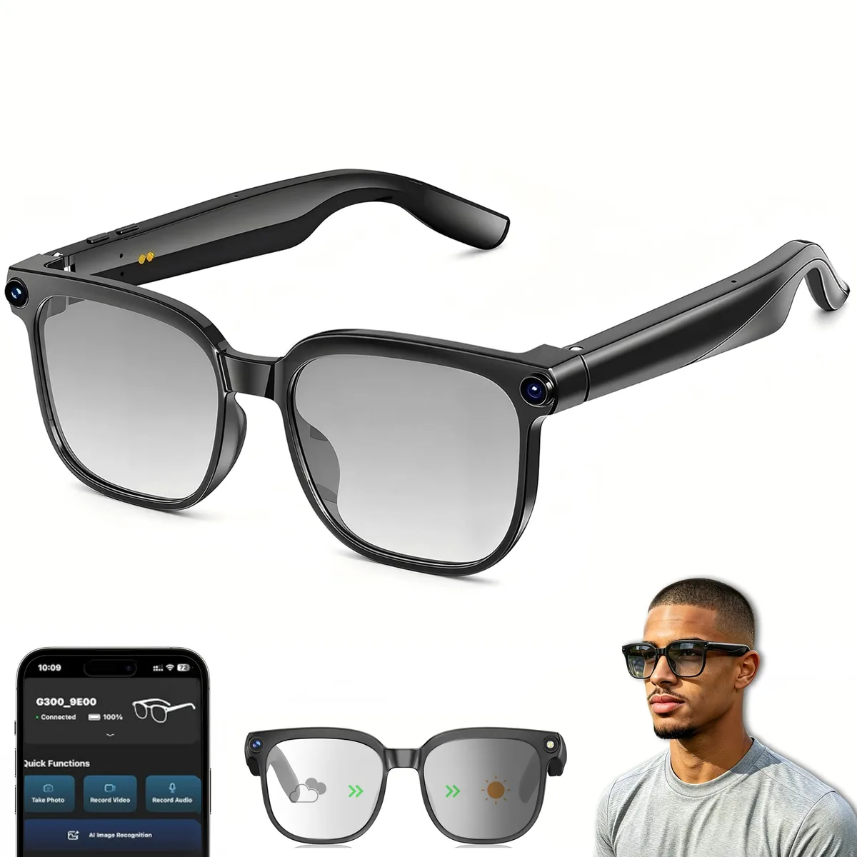 warchody L300 Smart Eyeglass Frame Black Photochromic 8MP — product photo