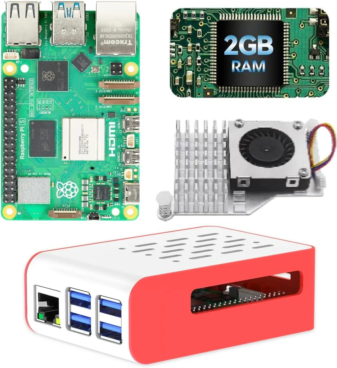 Raspberry Pi 5 board in red and white ABS case with active cooler attached