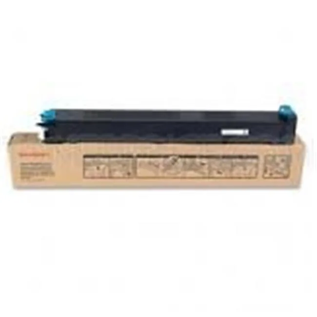 Rectangular cyan toner cartridge in sealed box, genuine Sharp MX23NTCA model