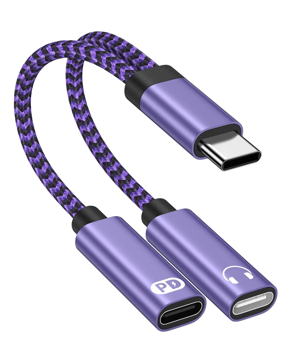 Purple USB-C splitter dongle with 3.5mm jack and charging port