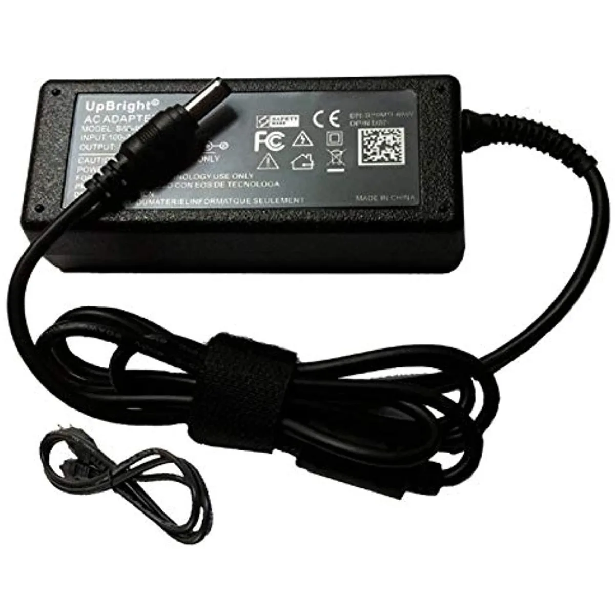 Black rectangular AC/DC power adapter with detachable mains cable and DC output lead