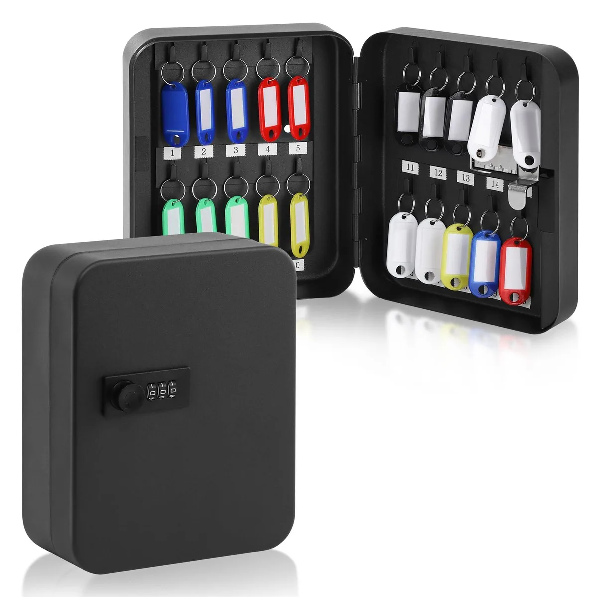 Black wall-mounted steel key cabinet with combination lock and 20 hooks