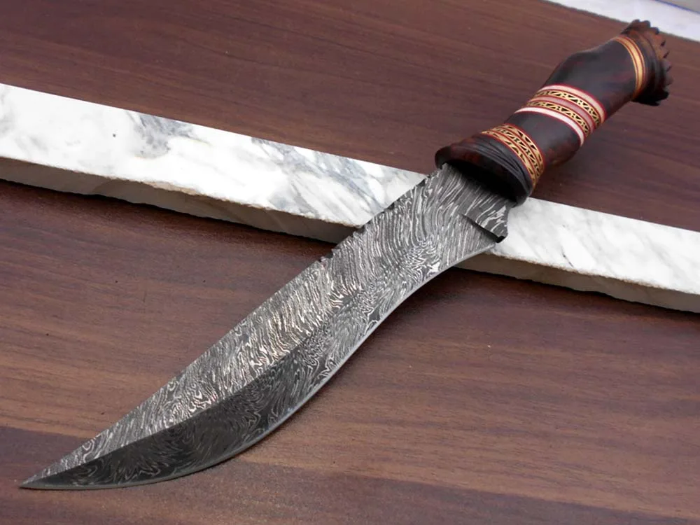 Damascus Depot Damascus Depot 13" Hand Forged Damascus Skinning Knife Rosewood Brass Camel Bone — product photo