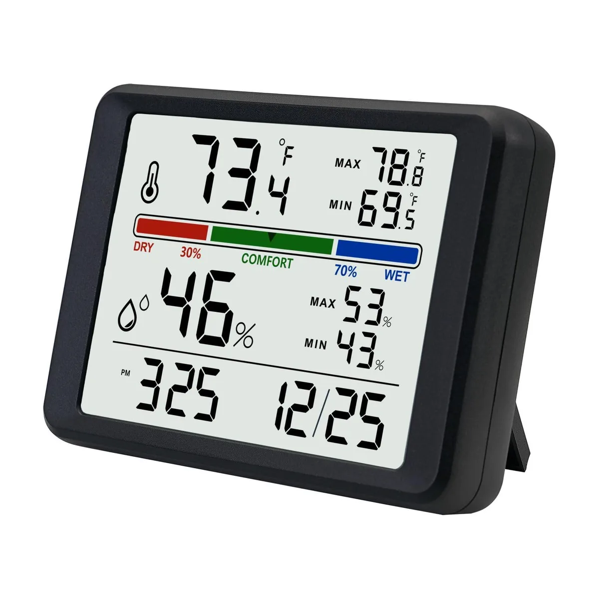 Black rectangular digital thermometer hygrometer alarm clock with LCD display