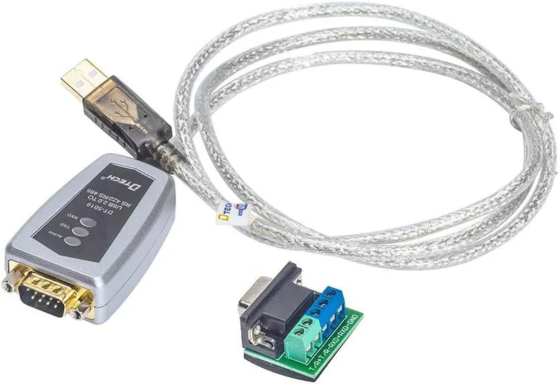 Short white USB to serial converter cable with DB9 connector and LED indicators