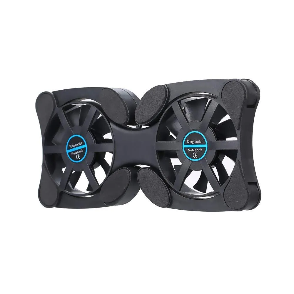 Black folding laptop cooling pad with two fans and four adjustable arms, USB 2.0 powered