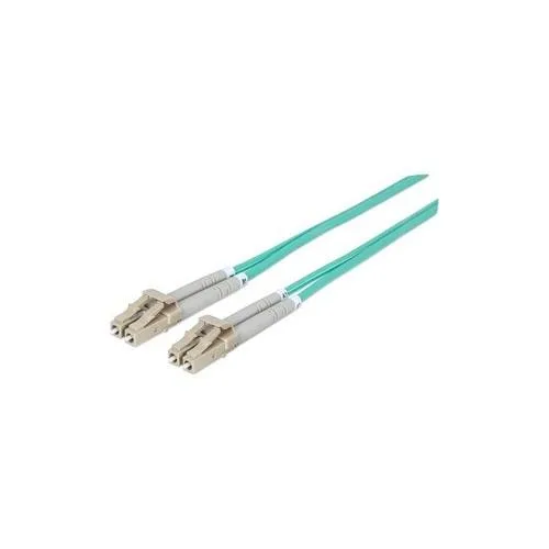 Aqua duplex multimode fibre patch cable with LC connectors on both ends, 2.0 m long