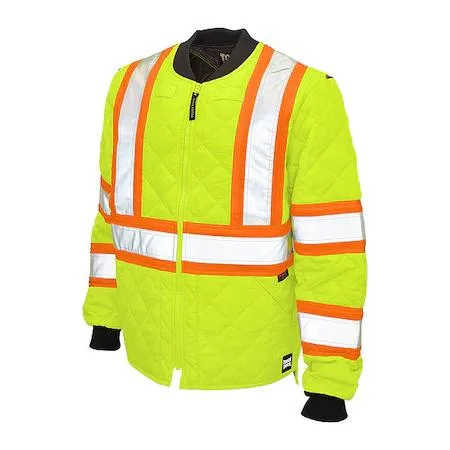 Fluorescent green polyester hi-vis jacket size 3XL with zipper front, rib-knit collar and cuffs, quilted liner, multiple pockets