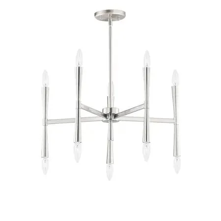 Satin Nickel chandelier with ten up-down candle lights on rectilinear arms radiating from center