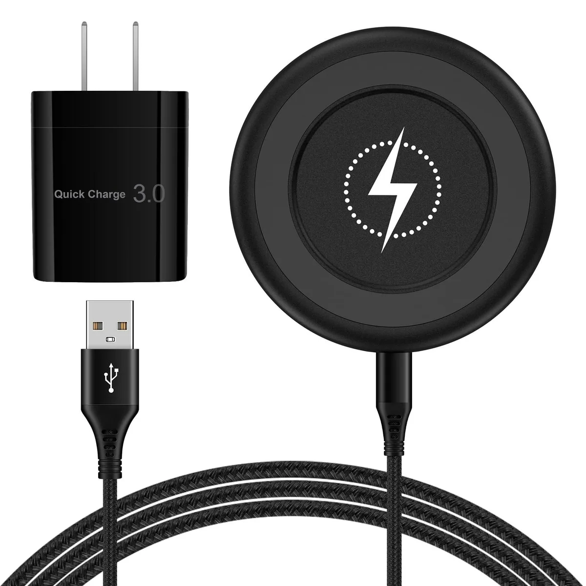 Flat circular charging pad with non-slip silicone surface and 3FT USB-C cable