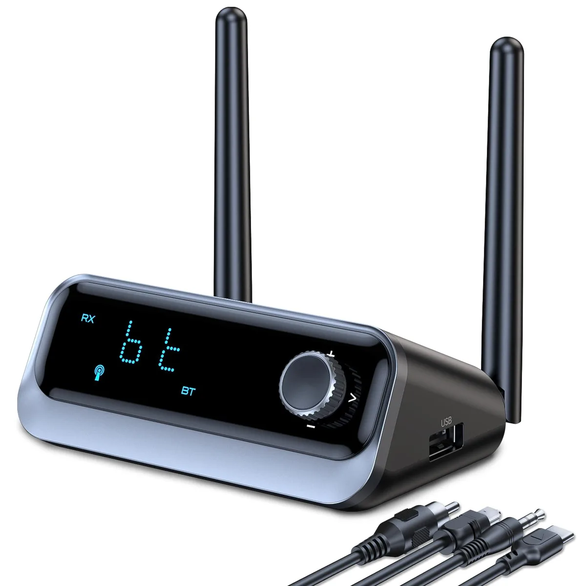 Small black box with optical, coaxial and 3.5 mm ports, USB slot and toggle switch