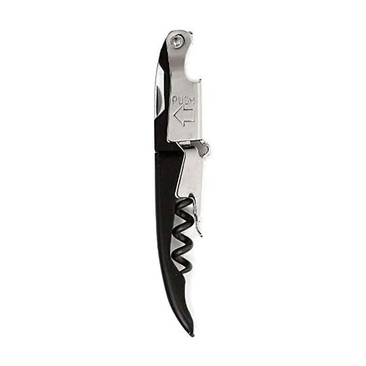 Compact black waiter's corkscrew with fold-out lever and foil cutter