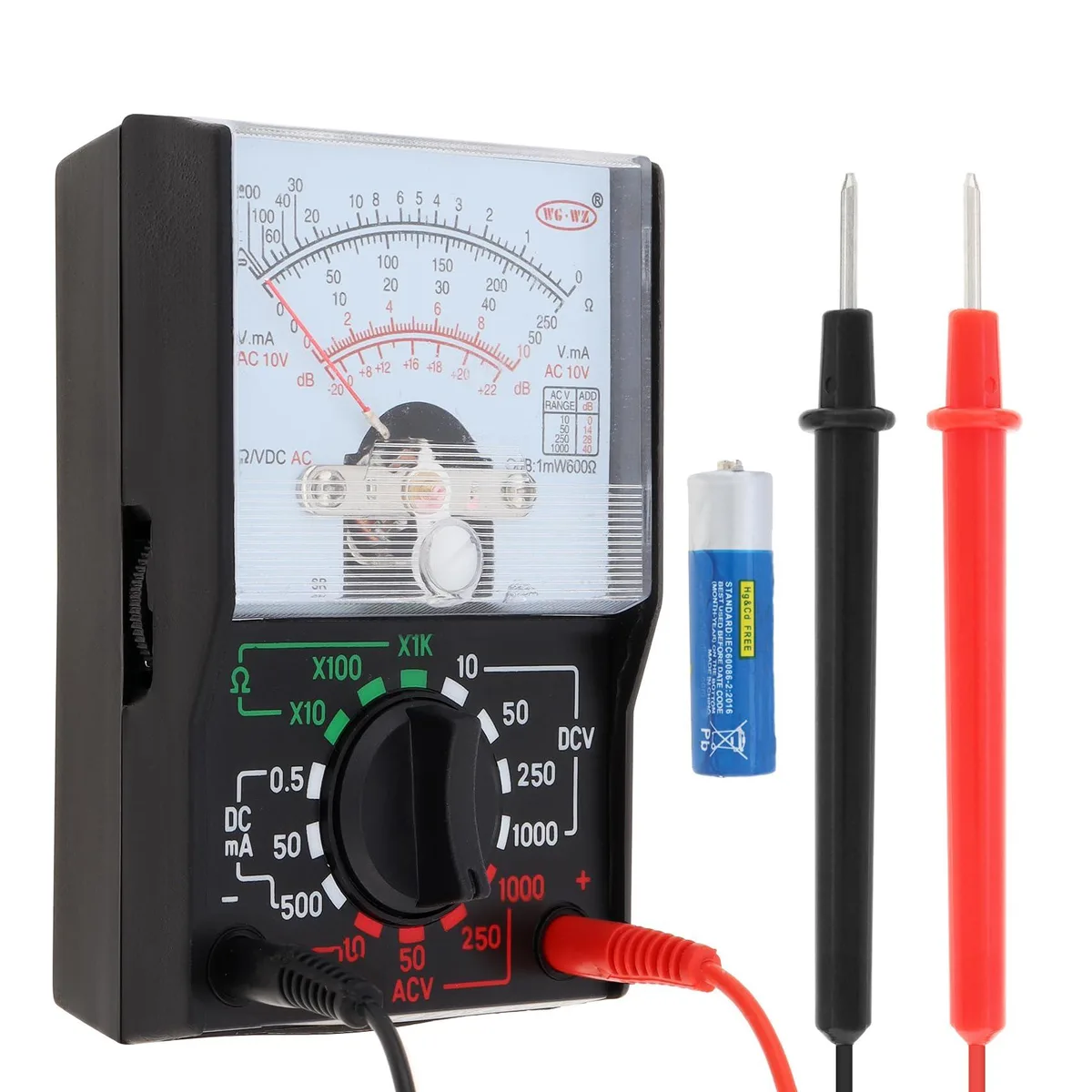 Yellow handheld analog multimeter with black dial, white needle, rotary selector knob, red and black test leads, ABS plastic body
