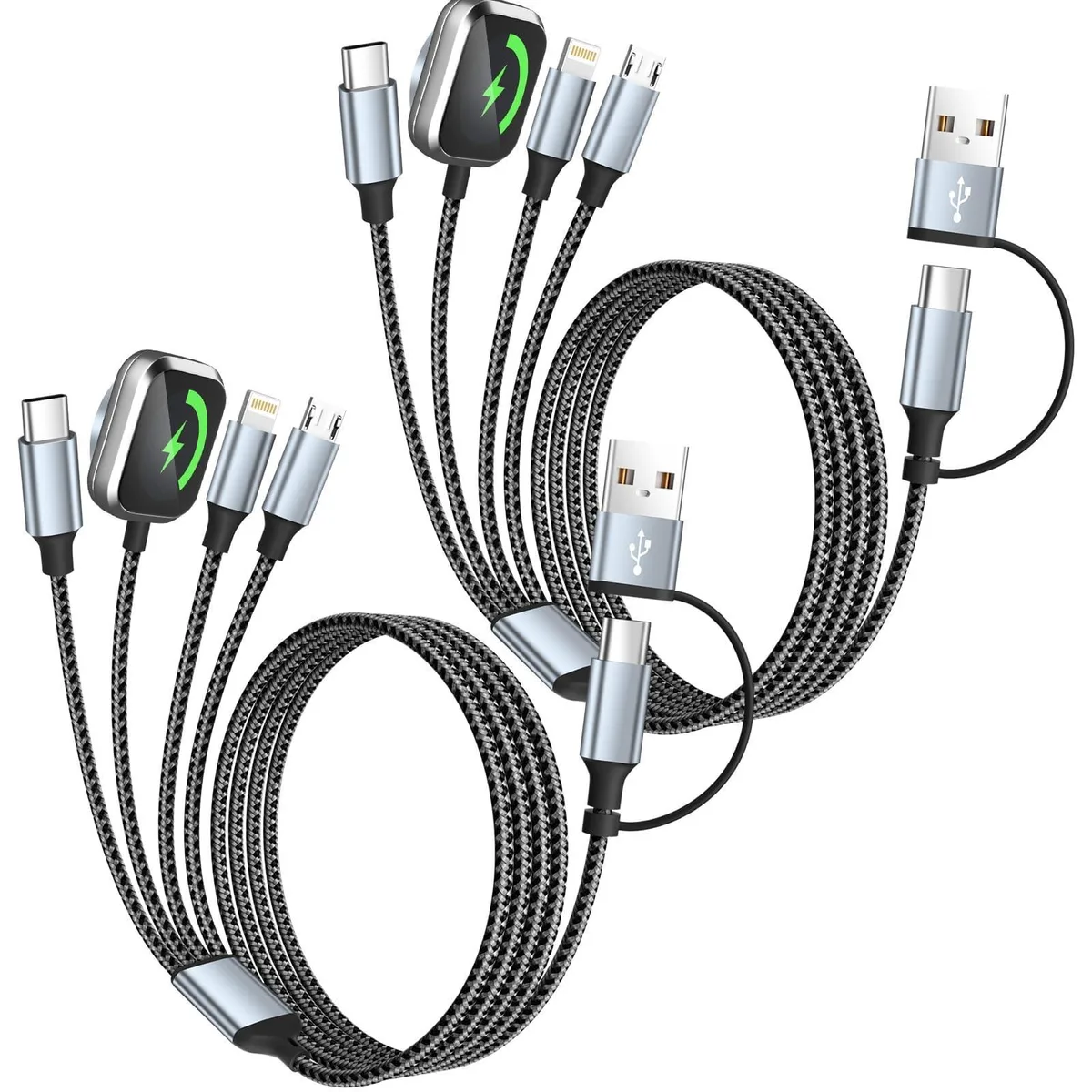 Two braided black and gray charging cables with multiple magnetic connectors coiled together