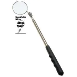 Round glass inspection mirror on a telescoping shaft with knurled vinyl grip