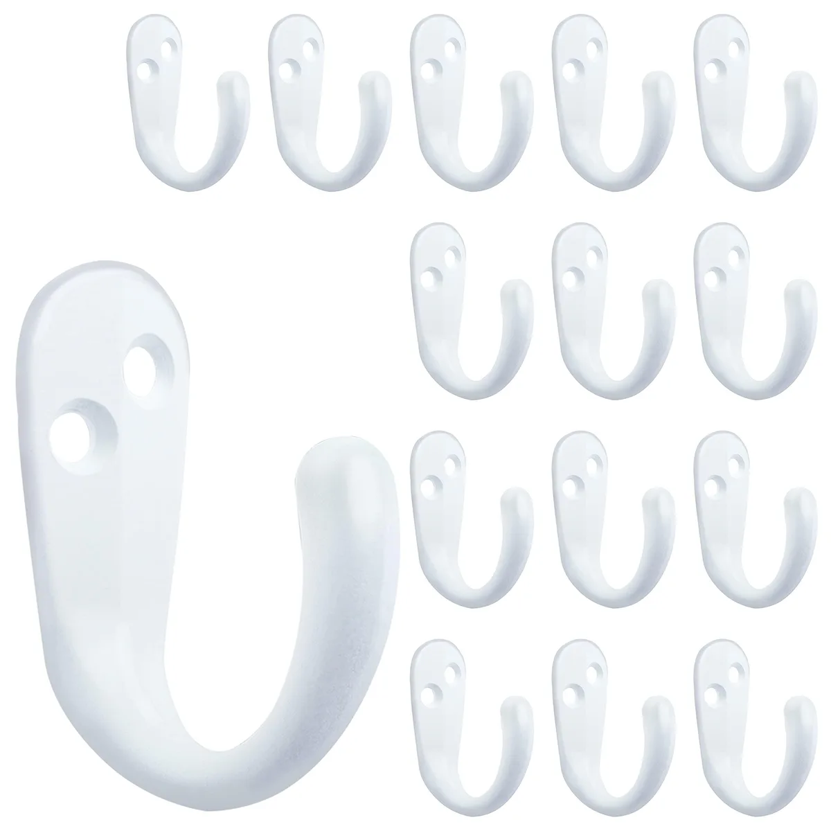Fifteen white zinc die-cast single-prong coat hooks with thirty iron screws