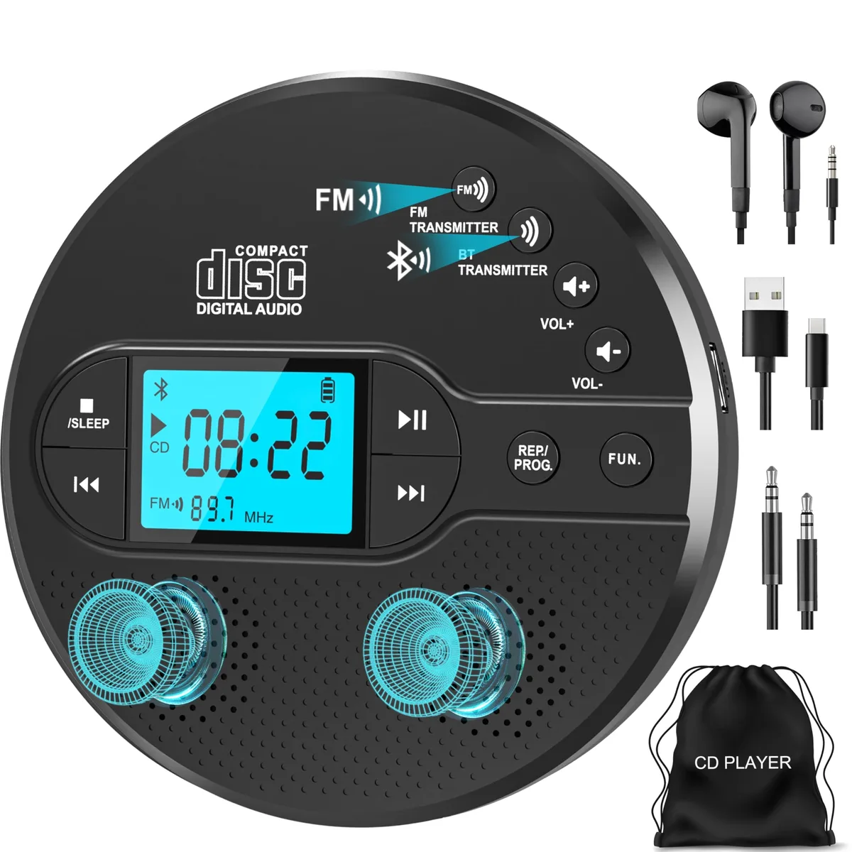 SUNOONY Portable CD Player Bluetooth 5.3 FM Transmitter Black — product photo
