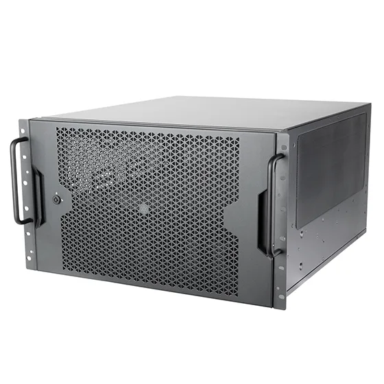 Black 6U steel rackmount server chassis with front door, USB-C and dual USB-A ports, blue power LED, green drive and LAN LEDs